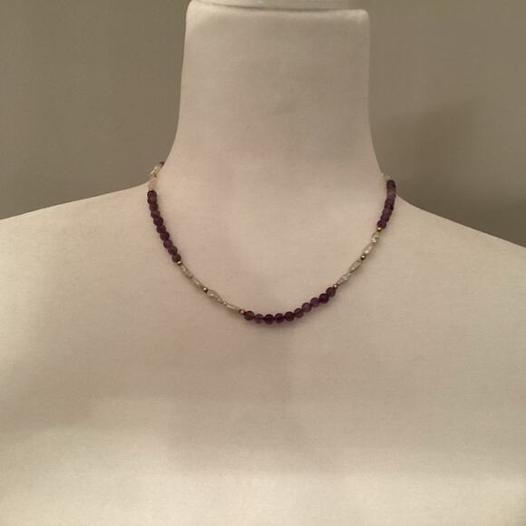 Vintage Fresh Water Pearl, Amethyst and Gold Bead Necklace 18” - Picture 1 of 3